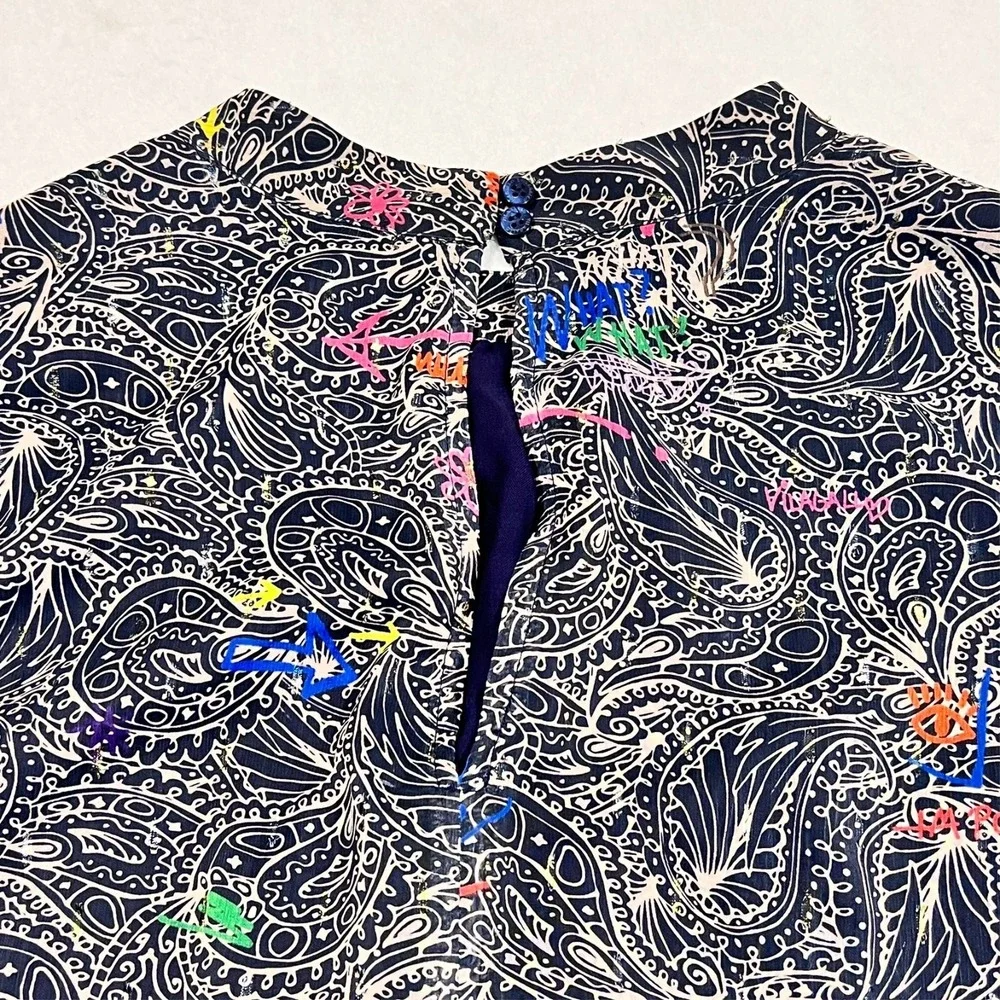 Vilagallo Dress Blue Paisley Art Lightweight Sheer Sleeves Lined Pockets‎ 14/46
